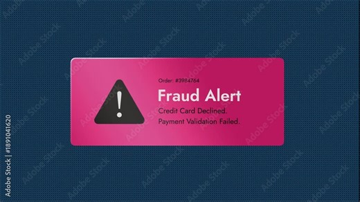 AI fraud detection in e-commerce payments animation. Flashes alert popup, credit card declined payment, validation failed, enhances security 2026 trends, 2D motion graphic, 4K loopable video clip