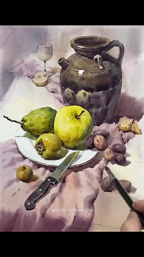 Wangchuan's watercolor still life demonstrates confident color mixing and compositional balance through traditional subject matter. The artist's handling of the ceramic vessel's reflective surfaces alongside the varied textures of fruit and fabric shows solid watercolor technique, particularly in managing the medium's transparency and flow. Artist: Wangchuan (Douyin) #WatercolorPainting #StillLife #TraditionalSubjects #ContemporaryWatercolor #ChineseArt #FineArt | Watercolor Masters