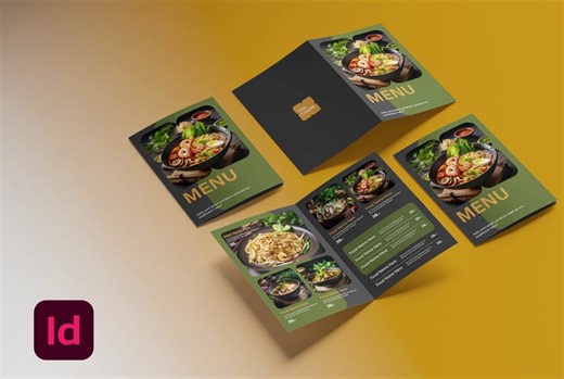 谁还不会用ID设计菜单？这个风格真的绝了！！三折页怎么折都有面！！Bi-Fold design A4 (Food Menu) in Adobe InDesign