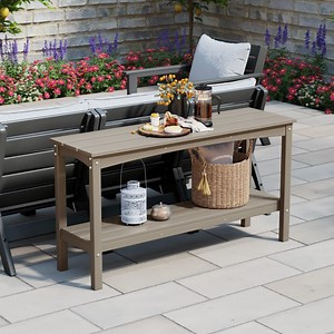 WestinTrends 55" Outdoor Patio HDPE Adirondack 2-Tier Shelf Console Table, Weathered Wood