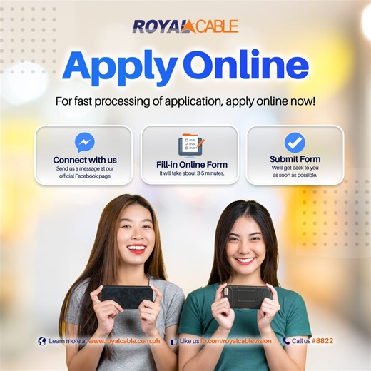 2.9K views · 43 reactions | Fast and Easy Online application. Just send us a message on our official Facebook page or visit us at www.royalcable.com.ph, fill out the form, and our customer service agent will get in touch with you. | Royal Cable | Facebook