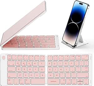 Samsers Bluetooth Foldable Keyboard - Wireless Portable Folding Keyboard, Full-Size Ultra-Slim Rechargeable Connect Up to 3 Devices for iOS, Android, Windows Phone, Tablet, Laptop - Pink