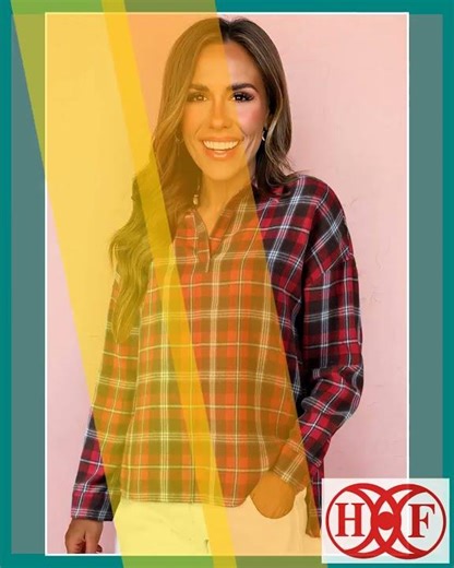 Red Plaid Print Collared V Neck Loose Blouse with Side Slits