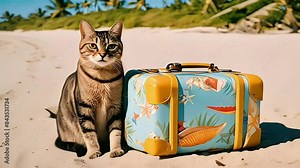 Cool cat wearing sunglasses sitting on a suitcase at the beach. Generative AI