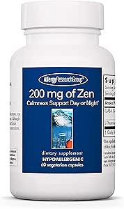 Allergy Research Group 200 mg of Zen - GABA L-Theanine Supplement, Natural Calm, Sleep & Relax Support for Women & Men, Take Day or Night for Relaxation & Calm Energy - 60 Vegetarian Capsules