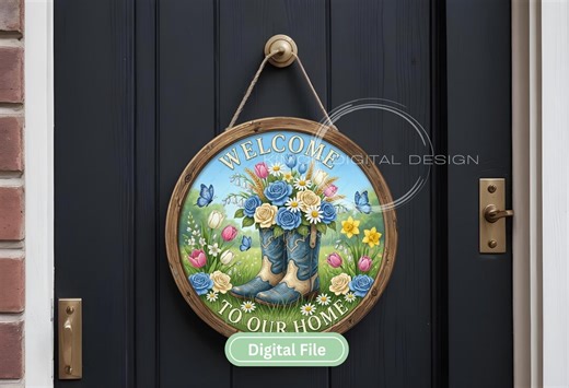 Round Door Sign PNG, Cowboy Boots Floral Welcome, Farmhouse Porch Decor (digital File) - Etsy