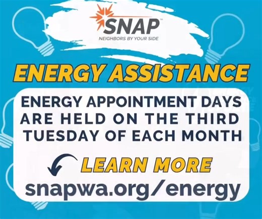 SNAP’s Energy Appointment Day happens every third Tuesday — the day new appointments open for households seeking energy assistance. 📅 Next Appointment Day: November 18. Schedule at https://www.snapwa.org/energy￼ or call 509-242-2376 after 8 a.m. If you’re past due or facing shut-off, please call 509-456-SNAP to request an emergency appointment and contact your utility company for possible payment arrangements. ❤️ You matter to us. SNAP is here to help you stay warm this winter. | SNAP
