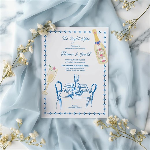 Rehearsal Dinner Invitation Template, Blue Hand Drawn Night Before Wedding Party - Etsy