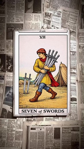 🔮 Lá Seven of Swords hình ảnh người đàn ông ôm 5 thanh kiếm và để lại 2 thanh phía sau tượng trưng cho việc “lấy phần có lợi cho mình” nhưng không dám đối diện trực tiếp. Lá này có thể ám chỉ sự dối trá, né tránh trách nhiệm, hoặc một tình huống mà ai đó đang hành động sau lưng người khác. Tuy nhiên, ở mặt tích cực, nó cũng có thể nói về việc cần khéo léo, dùng chiến lược và sự tinh ý để đạt được mục tiêu thay vì đối đầu thẳng thắn. #tarot #xuhuong