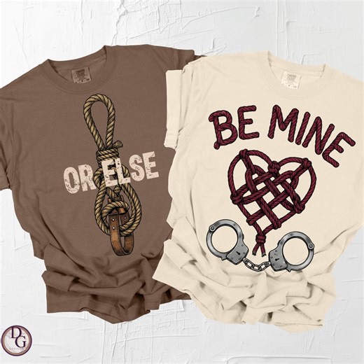 His and Hers Comfort Colors Tees, Rope Bondage Aesthetic, Shibari Heart Handcuffs & Western Lasso Knot, Dark Romance Couple Valentine Gift - Etsy