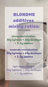 How-to…. Mix it up! The newly launched BLONDME Bleach Tone additives are a great solution to neutralize underlying pigment during lifting. So let’s break down exactly how to use them: 💚 Strong neutralization: for darker bases lifting 6 levels, mix 3-5g MATTE or ASH Additive for every 60g of developer to your BLONDME lightener of choice. 💙 Moderate neutralization: for bases 6-7 lifting 3/4 levels, mix 2-3g ASH or VOILET Additive for every 60g of developer to your BLONDME lightener of choice. 💜