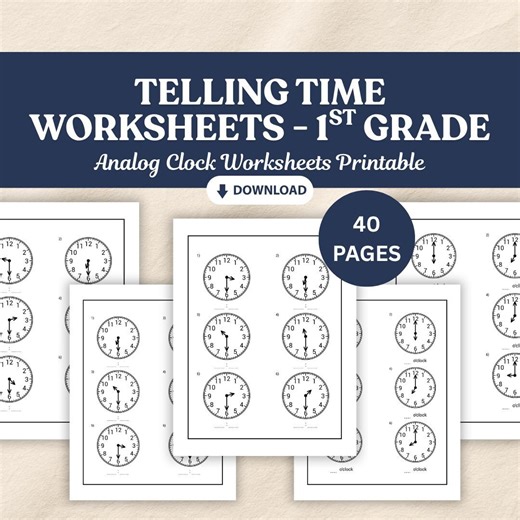 Telling Time Worksheets 1st Grade | Analog Clock Worksheets Printable | 40 Time to Hour Half Hour Math Practice PDF - Etsy