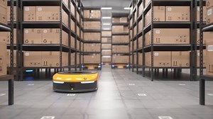 Autonomous robots moving shelves with cardboard boxes in automated warehouse. Seamless looping POV shot. Automated warehouse of the future concept. Realistic high quality 3d rendering animation.
