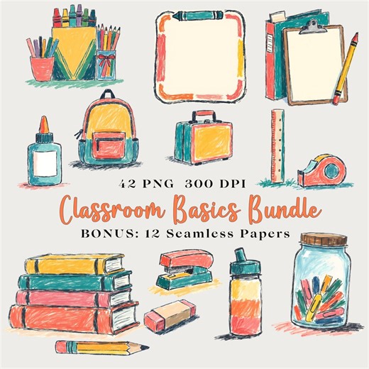Classroom Bundle Crayon Doodle Clipart PNG, School Supply Images, Borders Frames, Seamless Pattern Paper - Etsy