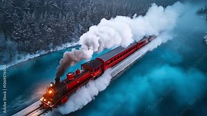 Vintage steam train journeys through winter landscape, creating magical snowy scene.