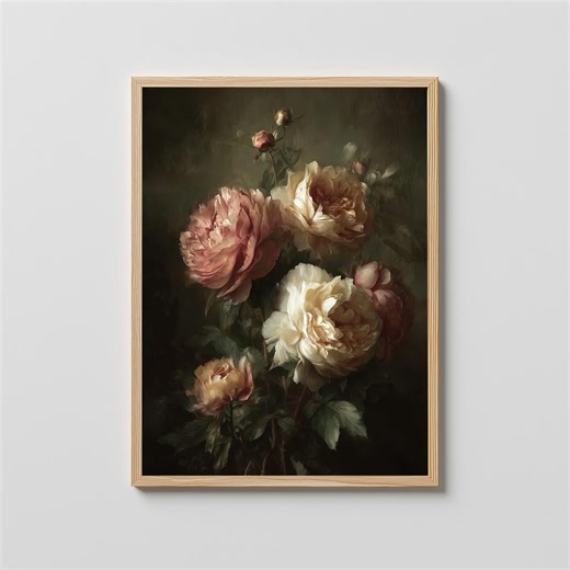 Dramatic Peony & Rose Still Life Painting, Moody Floral Wall Art, Vintage Botanical Print, Dark Academia Decor, Elegant Flower Art - Etsy