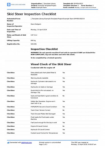 Skid Steer Inspection Checklist form (Free and editable template)