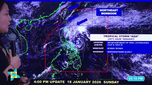 Press Briefing: Tropical Storm ADA {NOKAEN} issued at 5:00 PM | January 18, 2026 - Sunday DOST-PAGASA Weather Specialist: Grace Castañeda #weatherreport #dostpagasa #AdaPH For more detailed information please visit these links: Tropical Cyclone Bulletin : https://bagong.pagasa.dost.gov.ph/tropical-cyclone/severe-weather-bulletin Weather Advisory : https://bagong.pagasa.dost.gov.ph/weather/weather-advisory Storm Surge Warning: https://bagong.pagasa.dost.gov.ph/tropical-cyclone/forecast-storm-surg