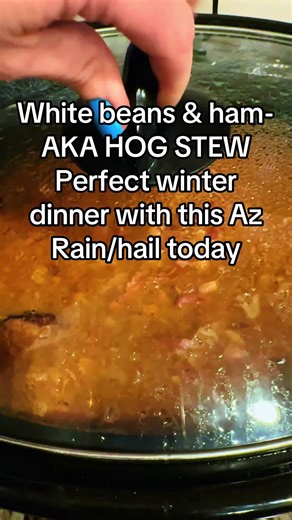 Saved my ham bone from Thanksgiving and froze it, pulled it out and threw it in the crock pot with white beans, onions, garlic, chicken stock and beef stock. Let it simmer on low LITERALLY all day then serve over rice. Perfect for this rainy AZ winter weather we are having⛈️ #az #rain #ham #homemade #kitchenwitch