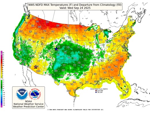 A disturbance aloft will cause temperatures regionally to fall to 5-15 degrees below average over the next few days, starting over the Pacific Northwest and gradually moving into parts of the Plains by Tuesday. | NOAA NWS Weather Prediction Center