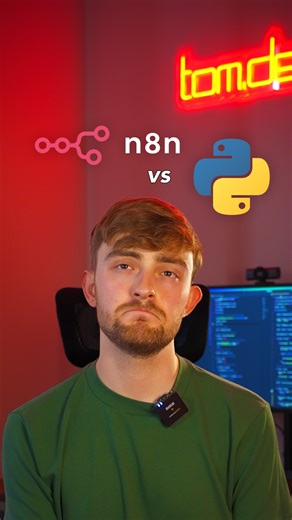 Tom Shaw on Instagram: "Python vs n8n? 🤔 Python is a high level programming language. 🐍 n8n is a no-code tool for building automated workflows. 💻 Which is better? Let’s find out! ⚖️ (this comparison is in the context of building automations) 👀"