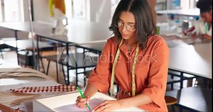 Business, fashion designer and woman with sketch, creative drawing and planning for a project. Productivity, worker and entrepreneur with ideas and paperwork with texture and industry with pattern