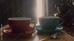 Steaming Cups of coffee or tea. Coffee cup and beans. A red and blue cup of evaporating coffee on the table with roasted bean. Motion coffee pour. 4K