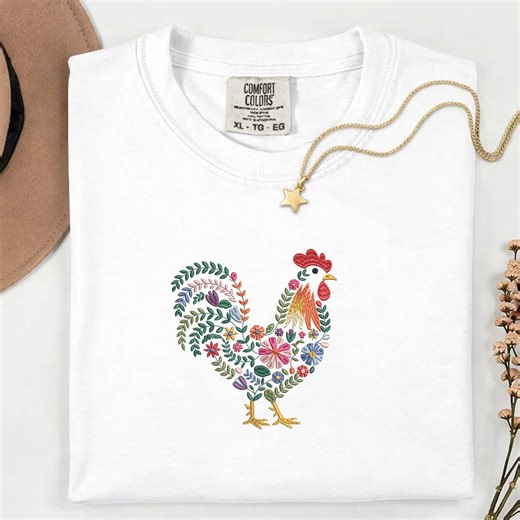 Floral Rooster Embroidery Design, Folk Art Chicken With Colorful Flowers Farmhouse Rustic Spring Decor - Etsy