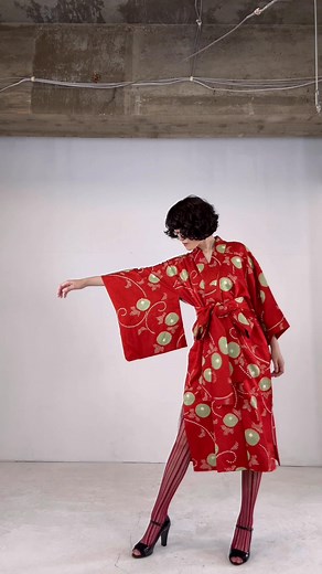 11K views · 225 reactions | Kimono Dress Gown: Upcycled from a genuine vintage Japanese silk kimono “小紋 Komon”. This one-of-a-kind dress gown is carefully hand-sewn, with a string belt that is crafted using machine sewing with core material for extra strength. I create each piece with love together with my small team of handmade artists, bringing timeless Japanese tradition into modern fashion. #machikokimono #upcyclefashion #remakefashion #kimono #dress | machiko_shime | Facebook
