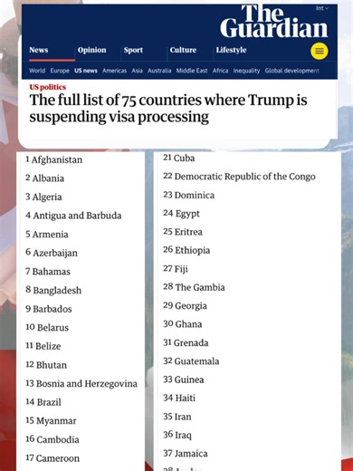🇺🇸 US Immigration Alert | Major Visa Freeze Announced The Trump administration has indefinitely suspended immigrant visa processing for applicants from 75 countries, effective January 21, 2026. 🔍 The move targets applicants assessed as potential “public charge” risks and represents one of the broadest restrictions on legal immigration pathways in recent years. ⚠️ Even approved visas that are not yet printed may be refused, with only limited exceptions tied to dual nationality or “America Firs