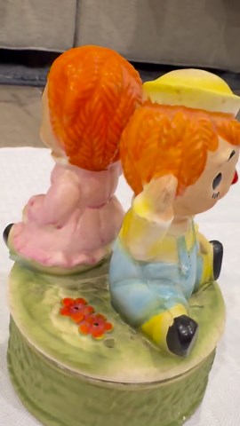 Vintage Sankyo Music Box Kids Raggedy Style Rotating Ceramic Japan Kitsch