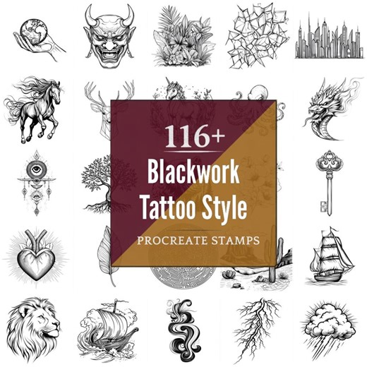 Blackwood Tattoo Style Procreate Brushes & PNG Bundle | 116  Designs (Digital Download)