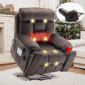 Power Lift Recliner Chair with Massage and Heated for Elderly,Oversized Boy Lazy Electric Recliner Chairs for Adults with 2 Side Pockets,2 Cup Holders,Antique Brown
