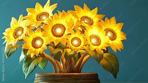 A sunflower lamp with a wooden base sits on a table in front of a teal wall