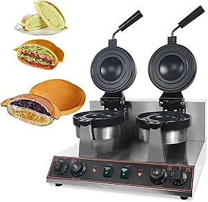 Commercial Double Head Hamburger Ice Cream Machine with Non-Stick Coating, Double Sided Uniform Rapid Heating, Precise Temperature Control/Timing, Waffle Burger Maker Machine