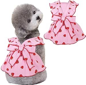 Girl Dog Dresses for Small Dogs, 100% Cotton Clothes With Leash Ring & Bow Decor, Cute Strawberry Print, Summer Cat Dresses (Pink, Large)