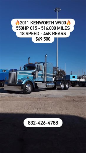 Down South Equipment Sales LLC | 🔥2011 Kenworth W900🔥 $69,500 550 HP C15 516,000 Original Miles 18 Speed 3.91 Gears 14.6k Front 46k Rears Houston Tx Call 832-426-4788 | Instagram