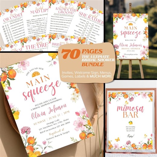 Main Squeeze Bridal Shower Canva Bundle, Citrus Lemon Bridal Shower Invite, Games, Welcome Sign, Mimosa Bar Sign, Orange Mediterranean Theme - Etsy