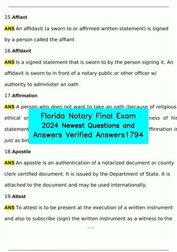Florida Notary Final Exam 2024 Newest Questions and Answers Verified Answers1794 video