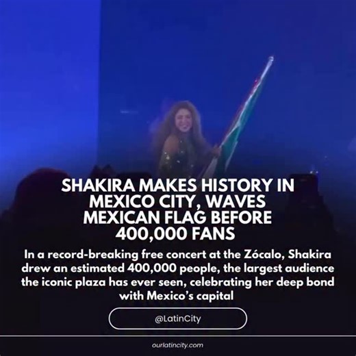 🇲🇽 History was made in Mexico City’s Zócalo as Shakira closed out the Mexican leg of her Las Mujeres Ya No Lloran World Tour with a free concert that drew an estimated 400,000 people — the largest crowd ever recorded at the Plaza de la Constitución 🇲🇽❤️ The audience stretched from the Zócalo into surrounding streets and landmarks, filling the heart of the city in a moment that felt both massive and deeply personal. ￼ Shakira waved the Mexican flag high above the crowd in an emotional salute 