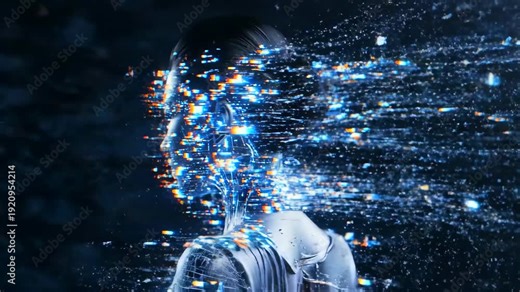 silver android dissolving into data, shards of blue light and pixel fragments explode from metallic face, circuitry and cubes scatter into dark studio, surreal transformation of synthetic