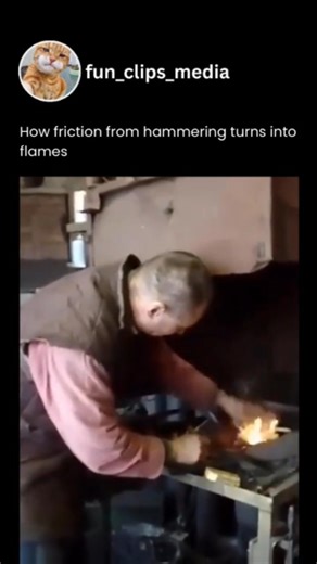 Fun Clips Media on Instagram: "Repeated hammer strikes on metal can actually generate enough heat through friction and deformation to ignite flammable materials. This happens due to the transformation of kinetic energy into thermal energy at the point of impact. When a hammer hits a piece of metal at high speed and with consistent force, the metal’s internal structure resists the change, releasing heat. If the contact is intense and frequent enough, temperatures can spike quickly — even reaching