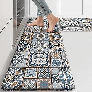 Kitchen Rugs Non Slip Washable Rubber Kitchen Mats for Floor Set of 2 Cushioned Anti Fatigue Padded Kitchen Floor Mats for Standing Long Under Sink Mats Waterproof for Kitchen Laundry Office Deep Sea