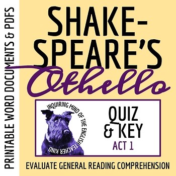 Othello Act 1 Quiz and Answer Key | Shakespeare Assessment | Reading Worksheet