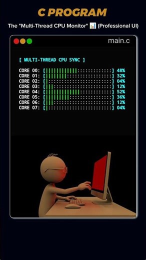 Junior: Hello World | Senior: Live CPU Monitor 💻📊 #codinglife #tech #cprogramming #shorts