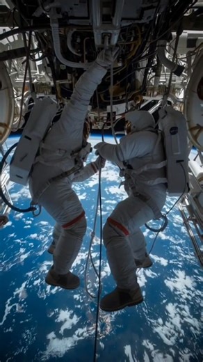 Teamwork in zero-G!👨‍🚀🔧 Two astronauts master a complex repair outside the ISS, moving in a microgravity ballet with Earth below. The ultimate workspace! 🚀 #Spacewalk #NASA #ISS #Teamwork #ai | Astrovibe
