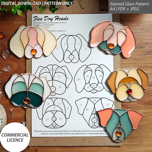 Dog Head Stained Glass Patterns – 5 Unique Designs – Digital Download (PDF & JPG) - Etsy