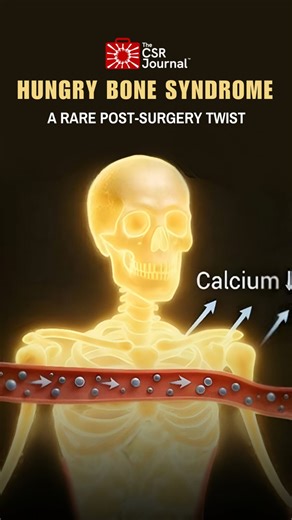 After parathyroid surgery, bones can suddenly start absorbing calcium from the blood, leading to dangerously low calcium levels. This rare condition is known as hungry bone syndrome. It causes cramps, tingling, weakness, and in severe cases, confusion or seizures. Treatment requires calcium and vitamin D supplements, with close monitoring until levels stabilize. Concept and Edit by @poojashahxyz #HungryBoneSyndrome #CalciumDeficiency | The CSR Journal