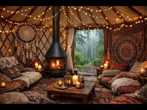 Candlelit Yurt in the Forest with Acoustic Guitar | Fireplace Sounds & Rain Ambiance for Relaxation