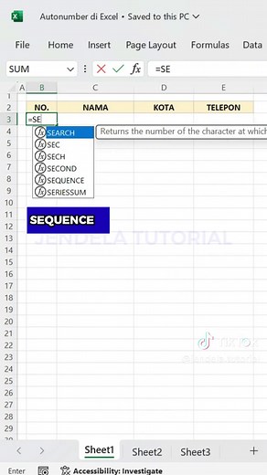 🔢 Membuat Autonumber Otomatis di Excel dengan Rumus SEQUENCE! 📊 Pernah bertanya-tanya bagaimana cara membuat nomor urut otomatis di Excel tanpa repot mengetik satu per satu? Dengan rumus SEQUENCE yang cerdas, kamu bisa melakukannya dengan mudah! 💡 Dalam video ini, kita akan bahas: 1️⃣ Cara menggunakan rumus =SEQUENCE(COUNTA(C:C)-1) untuk membuat daftar nomor urut otomatis berdasarkan jumlah data di kolom C. Rumus ini menghitung jumlah baris yang terisi di kolom C dan menghasilkan nomor urut y